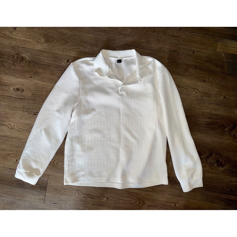 Manfinity Mens White Waffle Knit Long Sleeve Polo Shirt Size Large Textured Top